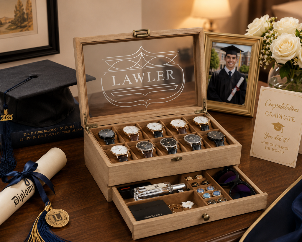 Personalized Wooden Watch Box for Men, 10 Slot Watch Case with Accessory Drawer, Engraved Watch Organizer, Anniversary Gift for Him