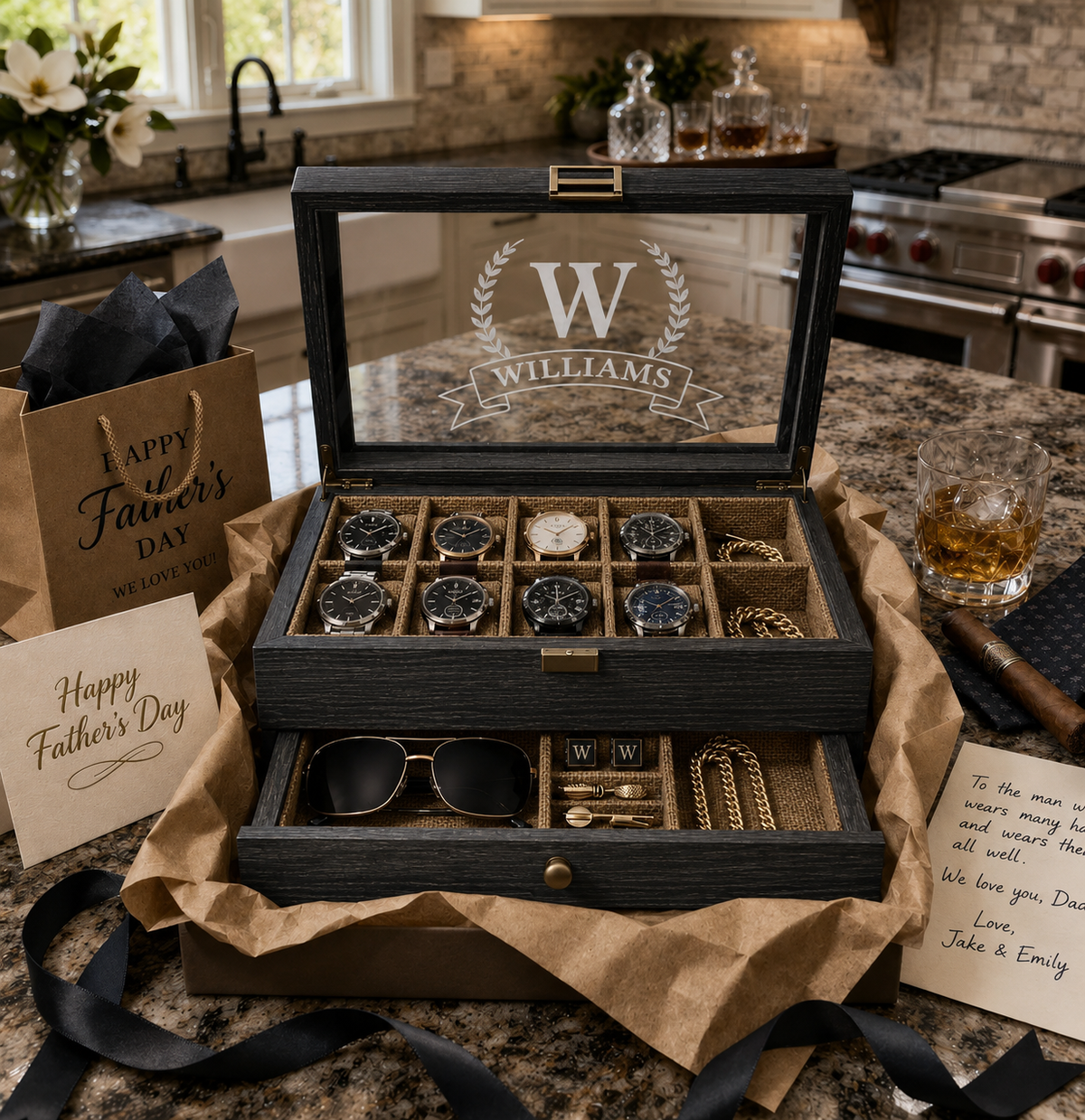 Personalized Wooden Watch Box for Men, 10 Slot Watch Case with Accessory Drawer, Engraved Watch Organizer, Anniversary Gift for Him