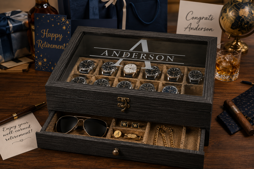Personalized Wooden Watch Box for Men, 10 Slot Watch Case with Accessory Drawer, Engraved Watch Organizer, Anniversary Gift for Him