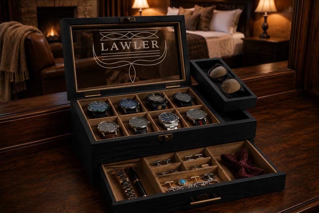 Luxury Personalized Wooden Watch Box for Men, Engraved Watch Case with Drawer, Sunglasses & Jewelry Organizer, Anniversary Gift for Him