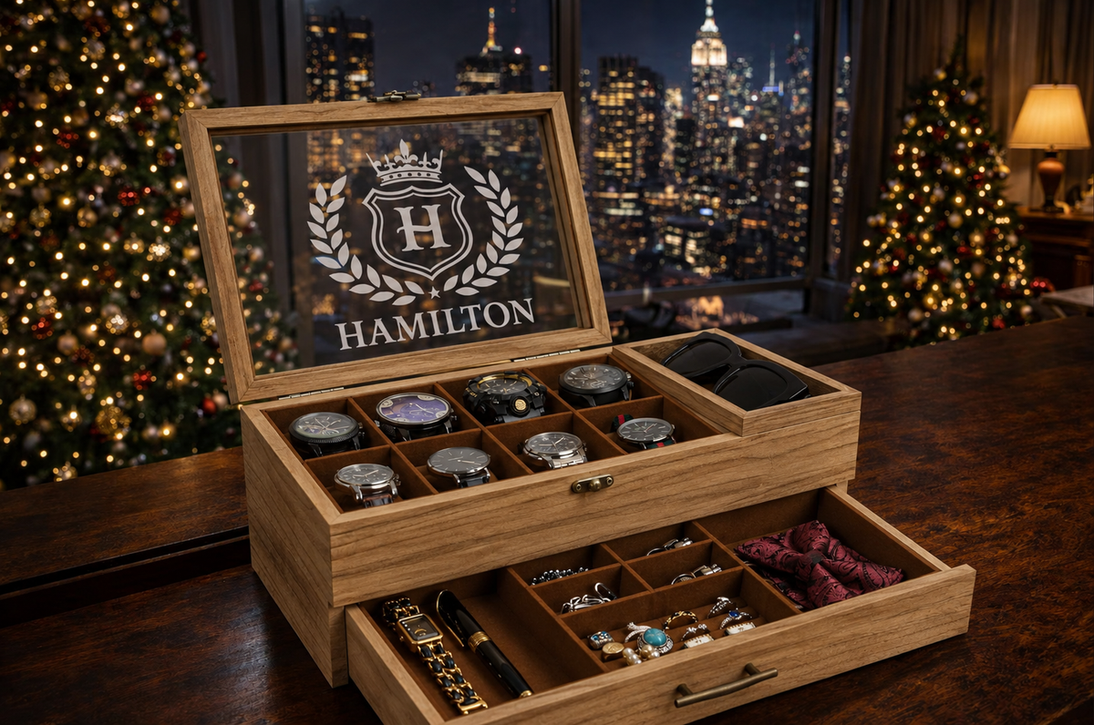 Luxury Personalized Wooden Watch Box for Men, Engraved Watch Case with Drawer, Sunglasses & Jewelry Organizer, Anniversary Gift for Him