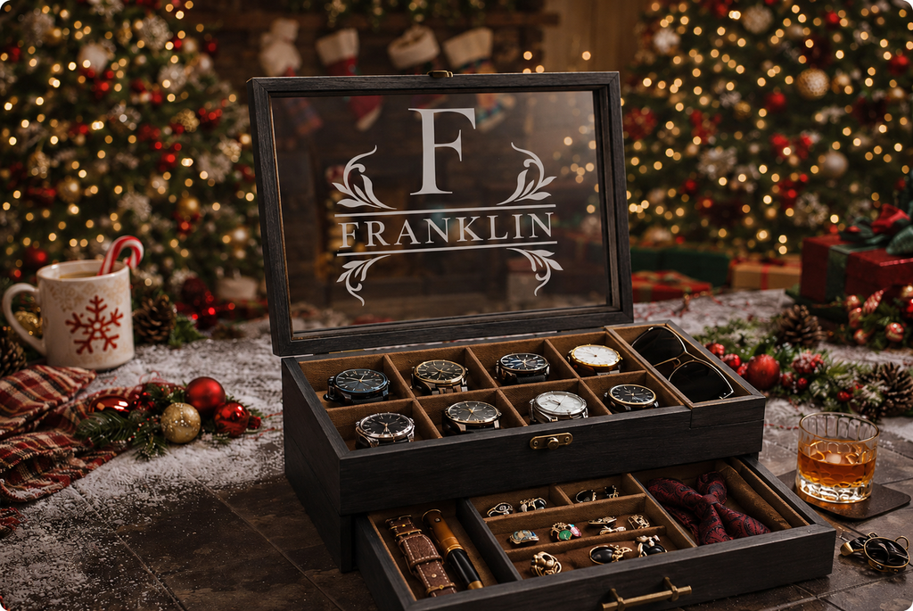 Luxury Personalized Wooden Watch Box for Men, Engraved Watch Case with Drawer, Sunglasses & Jewelry Organizer, Anniversary Gift for Him