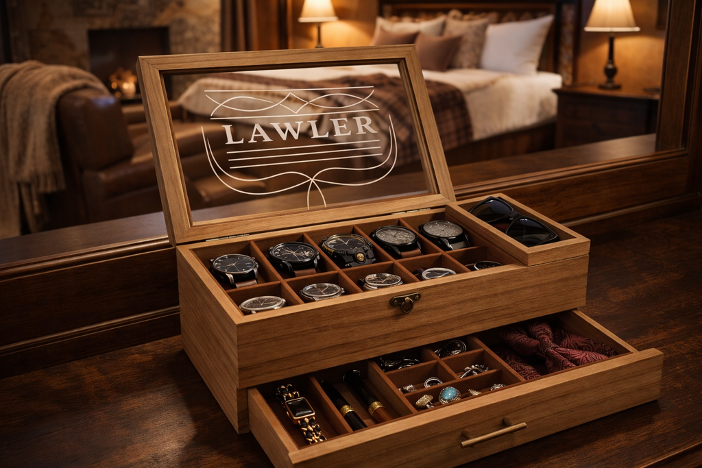Luxury Personalized Wooden Watch Box for Men, Engraved Watch Case with Drawer, Sunglasses & Jewelry Organizer, Anniversary Gift for Him