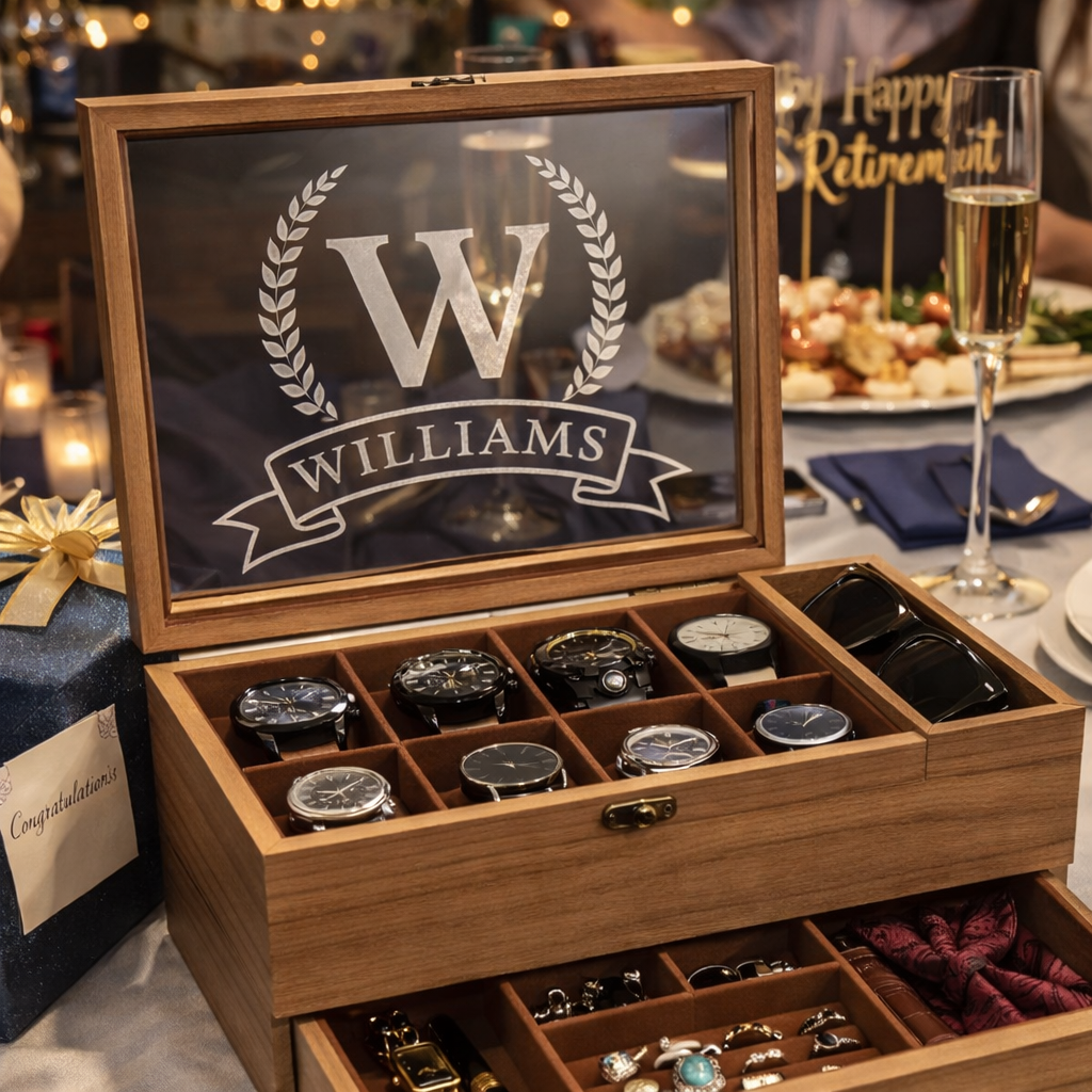 Luxury Personalized Wooden Watch Box for Men, Engraved Watch Case with Drawer, Sunglasses & Jewelry Organizer, Anniversary Gift for Him