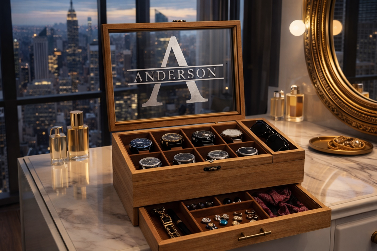 Luxury Personalized Wooden Watch Box for Men, Engraved Watch Case with Drawer, Sunglasses & Jewelry Organizer, Anniversary Gift for Him