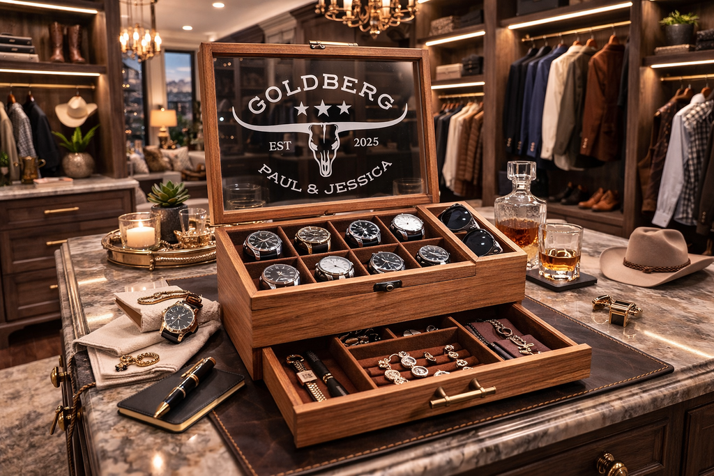 Luxury Personalized Wooden Watch Box for Men, Engraved Watch Case with Drawer, Sunglasses & Jewelry Organizer, Anniversary Gift for Him