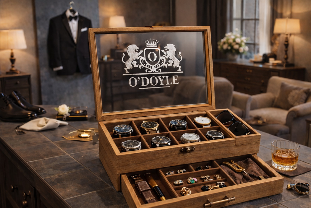 Luxury Personalized Wooden Watch Box for Men, Engraved Watch Case with Drawer, Sunglasses & Jewelry Organizer, Anniversary Gift for Him