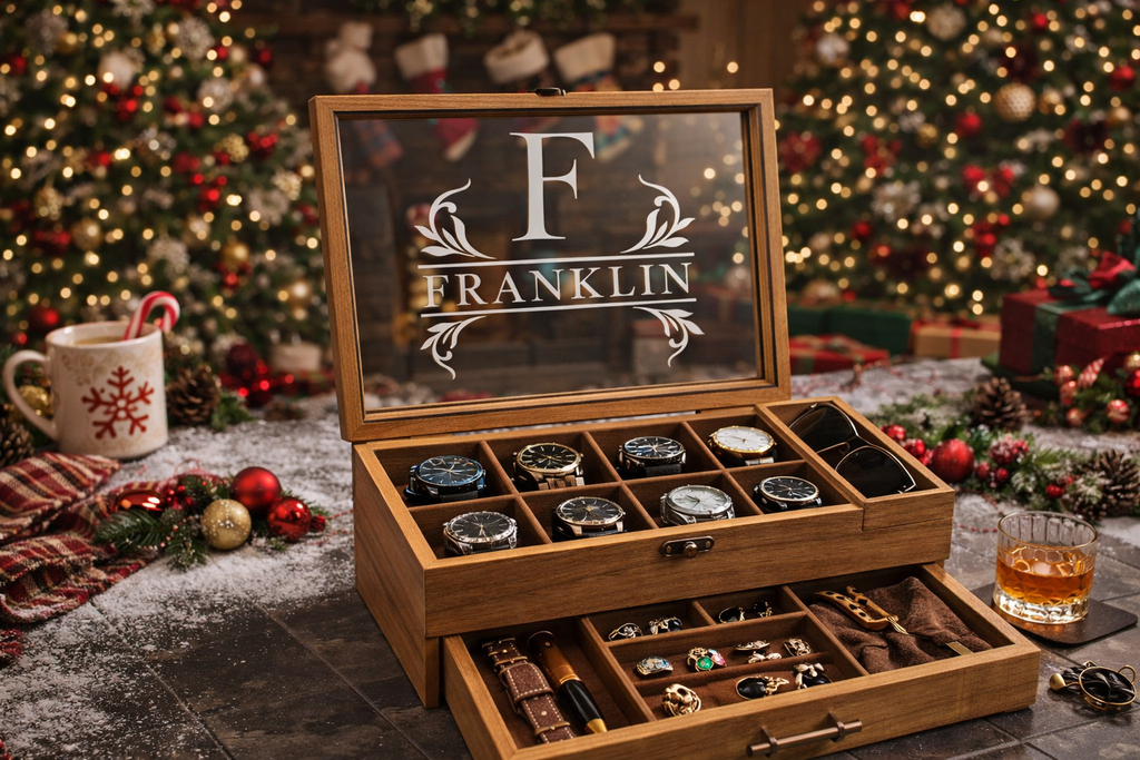 Luxury Personalized Wooden Watch Box for Men, Engraved Watch Case with Drawer, Sunglasses & Jewelry Organizer, Anniversary Gift for Him