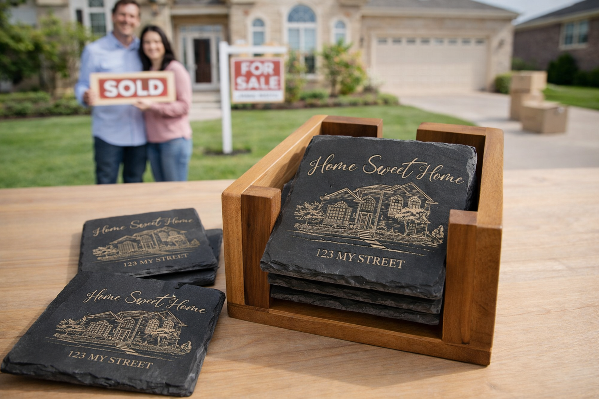 Personalized House Portrait Slate Coaster Set, Custom Home Photo Engraved Coasters, Housewarming New Home Realtor Closing Gift