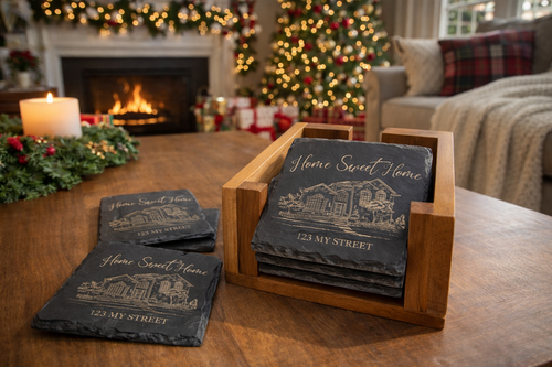 Personalized House Portrait Slate Coaster Set, Custom Home Photo Engraved Coasters, Housewarming New Home Realtor Closing Gift