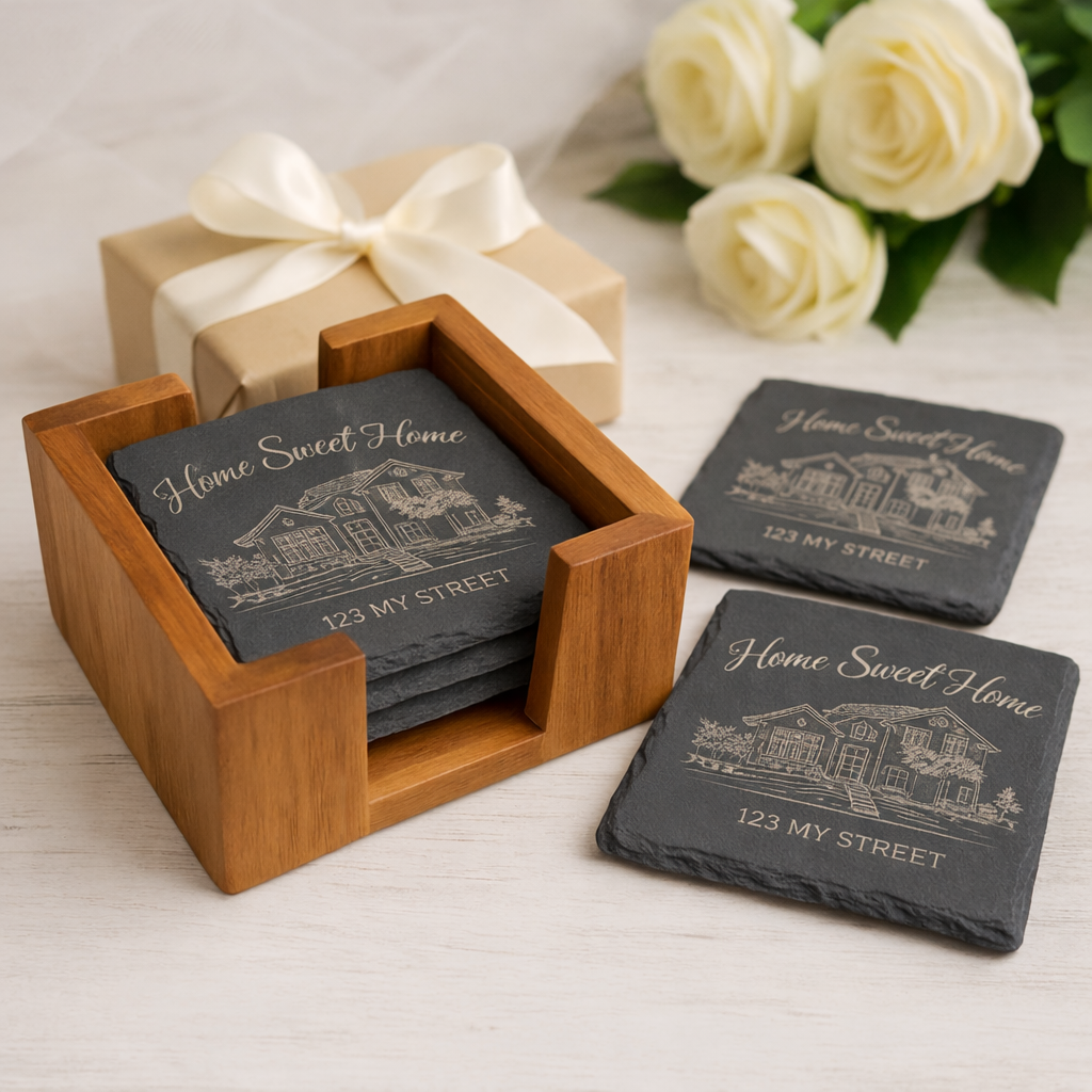 Personalized House Portrait Slate Coaster Set, Custom Home Photo Engraved Coasters, Housewarming New Home Realtor Closing Gift