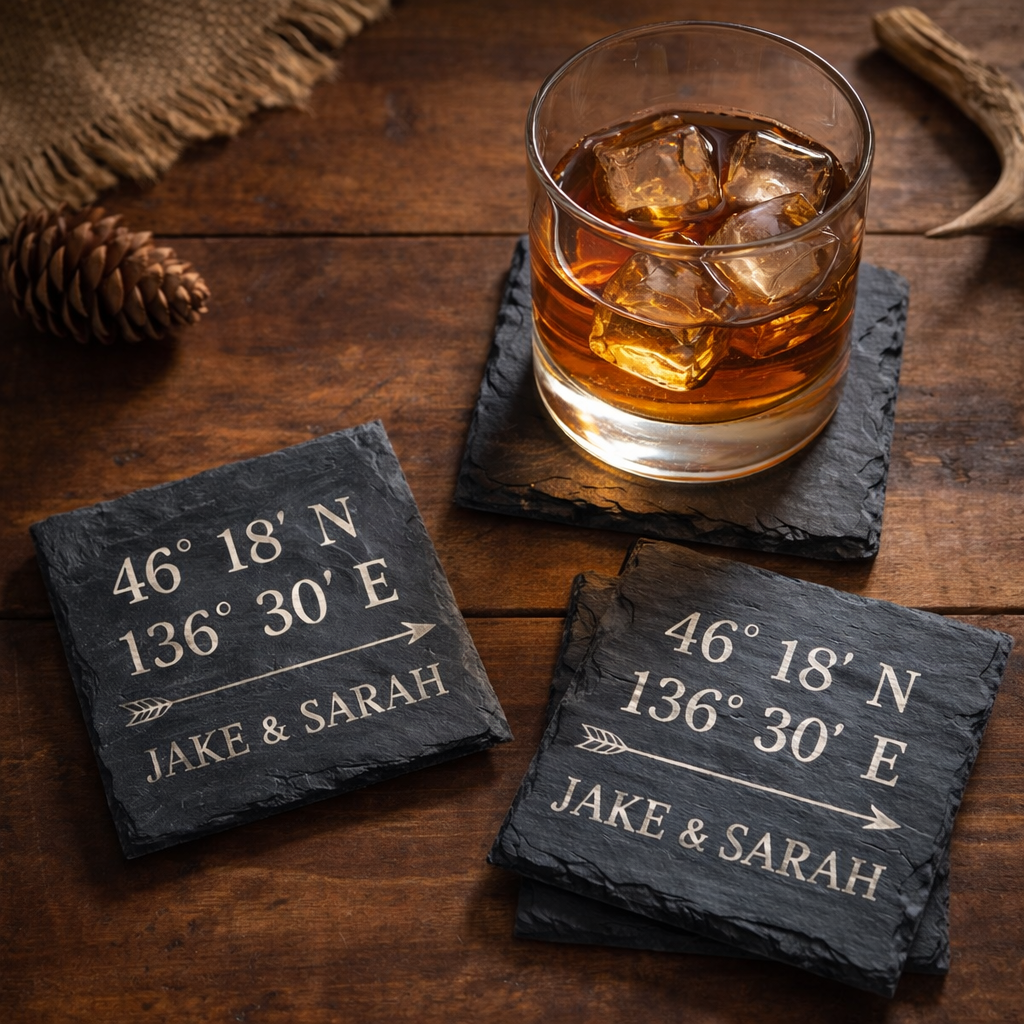 Personalized Slate Coaster Set of 6 with Wooden Holder, Custom Coordinates & Names, Wedding Anniversary Housewarming Gift for Couples