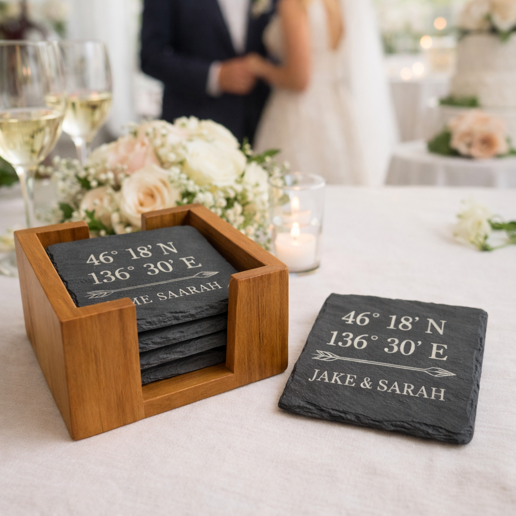 Personalized Slate Coaster Set of 6 with Wooden Holder, Custom Coordinates & Names, Wedding Anniversary Housewarming Gift for Couples