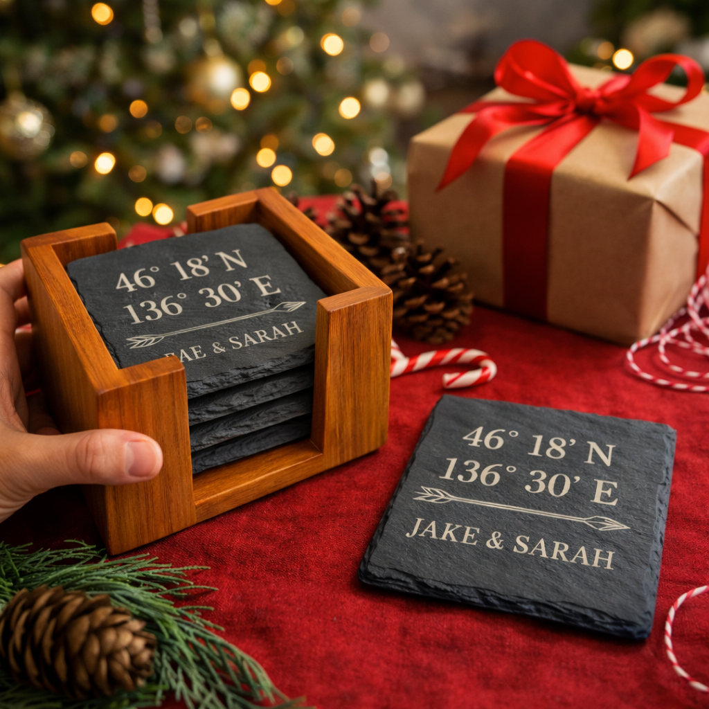 Personalized Slate Coaster Set of 6 with Wooden Holder, Custom Coordinates & Names, Wedding Anniversary Housewarming Gift for Couples