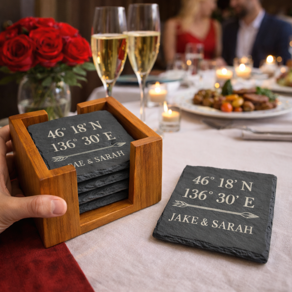 Personalized Slate Coaster Set of 6 with Wooden Holder, Custom Coordinates & Names, Wedding Anniversary Housewarming Gift for Couples