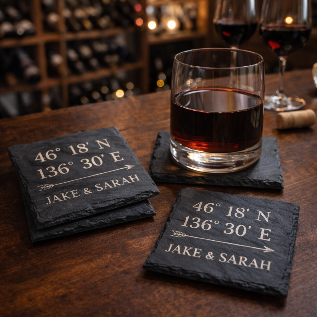 Personalized Slate Coaster Set of 6 with Wooden Holder, Custom Coordinates & Names, Wedding Anniversary Housewarming Gift for Couples
