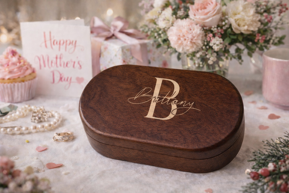 Personalized Wooden Jewelry Box with Custom Name or Monogram, Engraved Jewelry Organizer for Women, Wedding, Birthday & Mother’s Day Gift