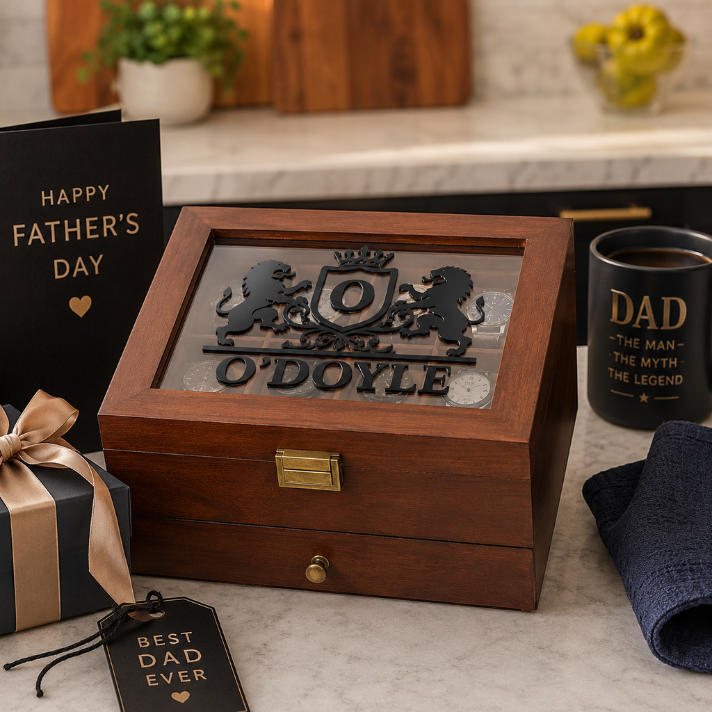 Personalized Wooden Watch Box with UV Printed Acrylic Lid, Custom Watch Case & Jewelry Organizer, Engraved Style Gift for Him