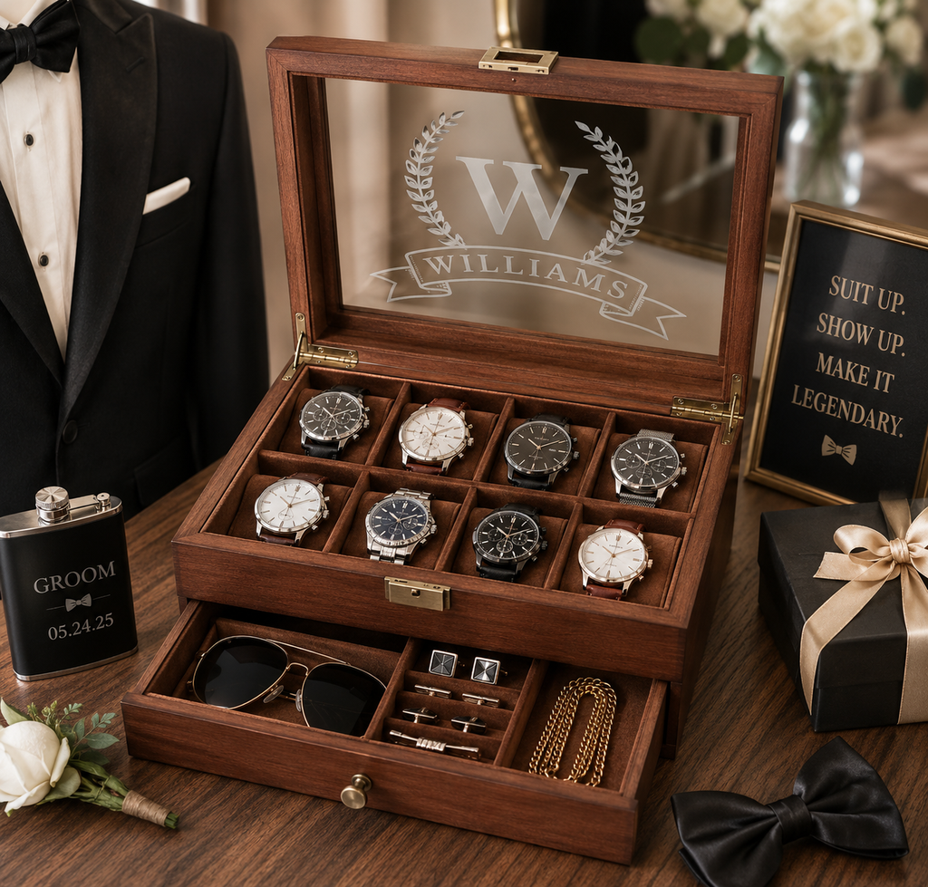 Personalized Wooden Watch Box with UV Printed Acrylic Lid, Custom Watch Case & Jewelry Organizer, Engraved Style Gift for Him