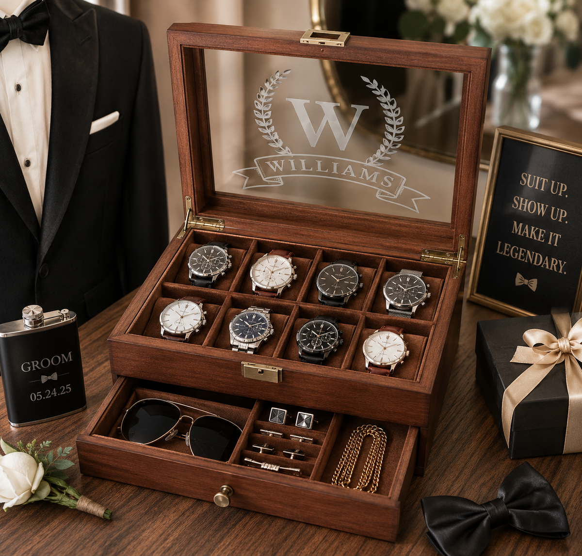 Personalized Wooden Watch Box with UV Printed Acrylic Lid, Custom Watch Case & Jewelry Organizer, Engraved Style Gift for Him