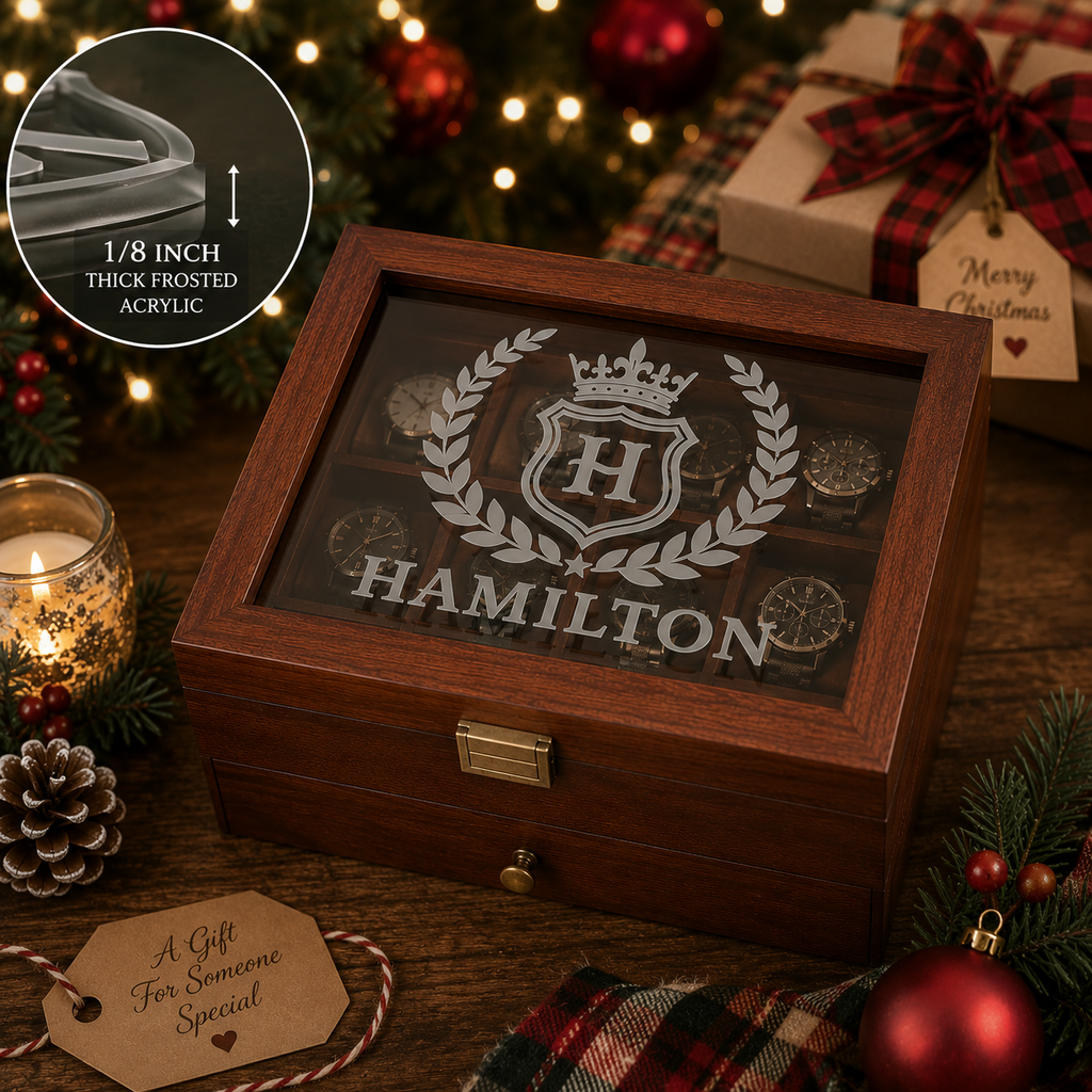 Personalized Wooden Watch Box with UV Printed Acrylic Lid, Custom Watch Case & Jewelry Organizer, Engraved Style Gift for Him