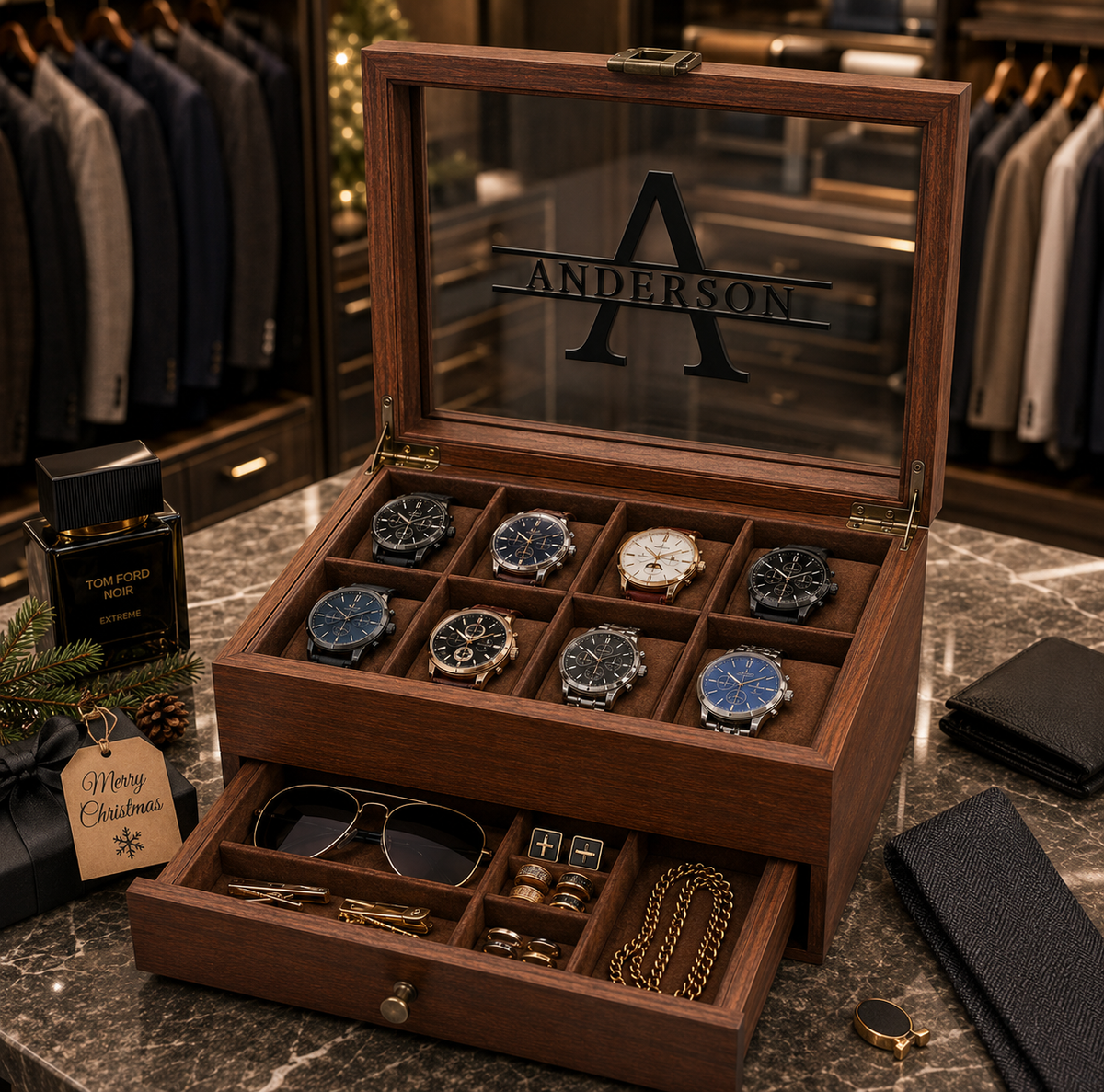 Personalized Wooden Watch Box with UV Printed Acrylic Lid, Custom Watch Case & Jewelry Organizer, Engraved Style Gift for Him