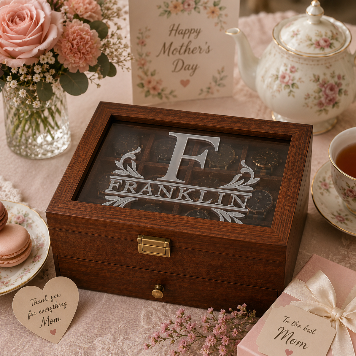 Personalized Wooden Watch Box with UV Printed Acrylic Lid, Custom Watch Case & Jewelry Organizer, Engraved Style Gift for Him