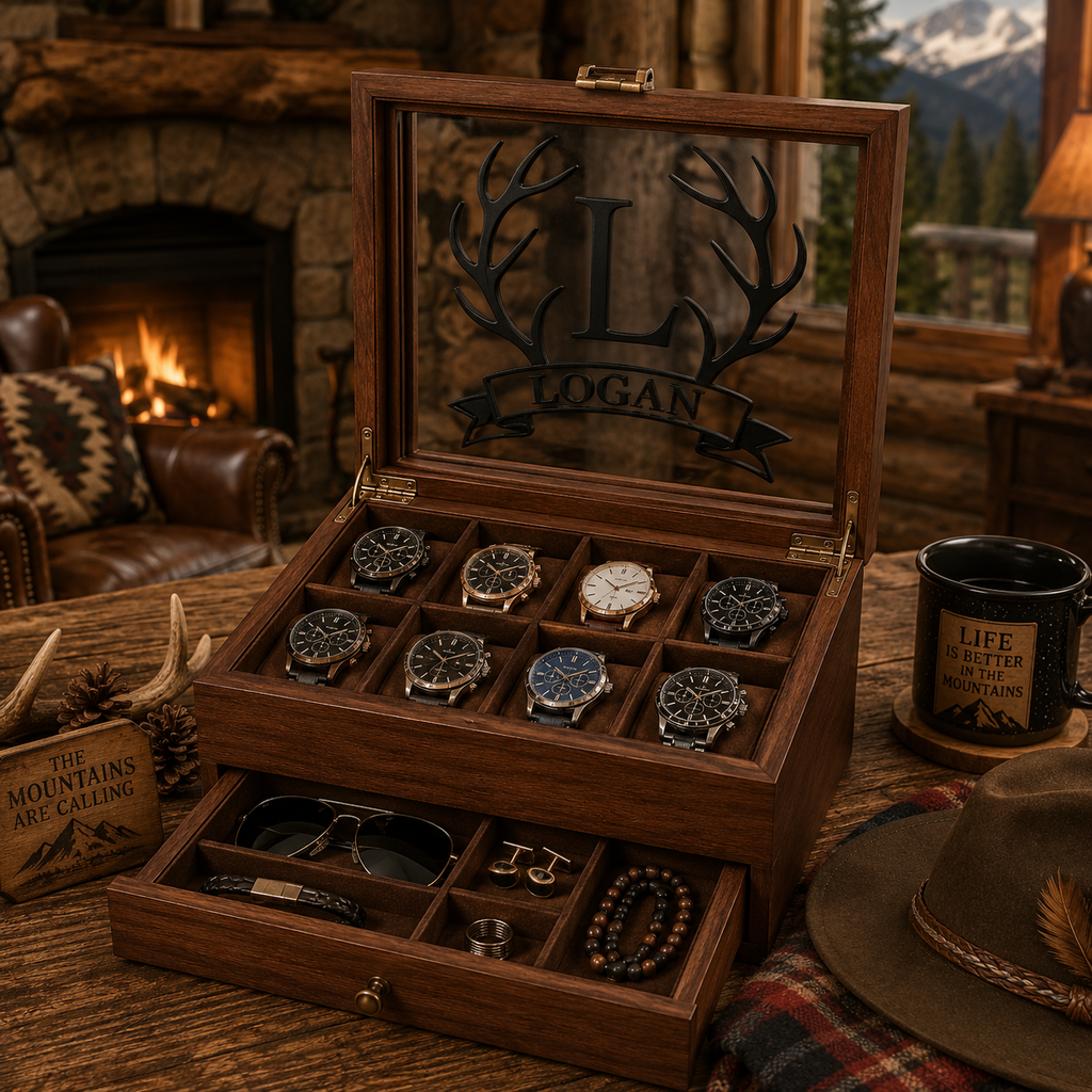 Personalized Wooden Watch Box with UV Printed Acrylic Lid, Custom Watch Case & Jewelry Organizer, Engraved Style Gift for Him