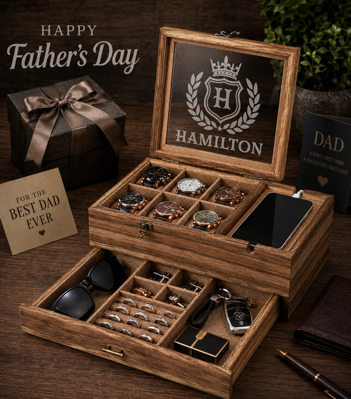 Personalized Watch Box & Valet Organizer with Phone Charging Station, Engraved Jewelry Storage Case, Custom Gift for Men & Women