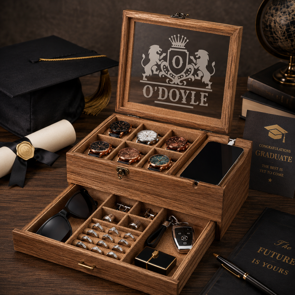 Personalized Watch Box & Valet Organizer with Phone Charging Station, Engraved Jewelry Storage Case, Custom Gift for Men & Women