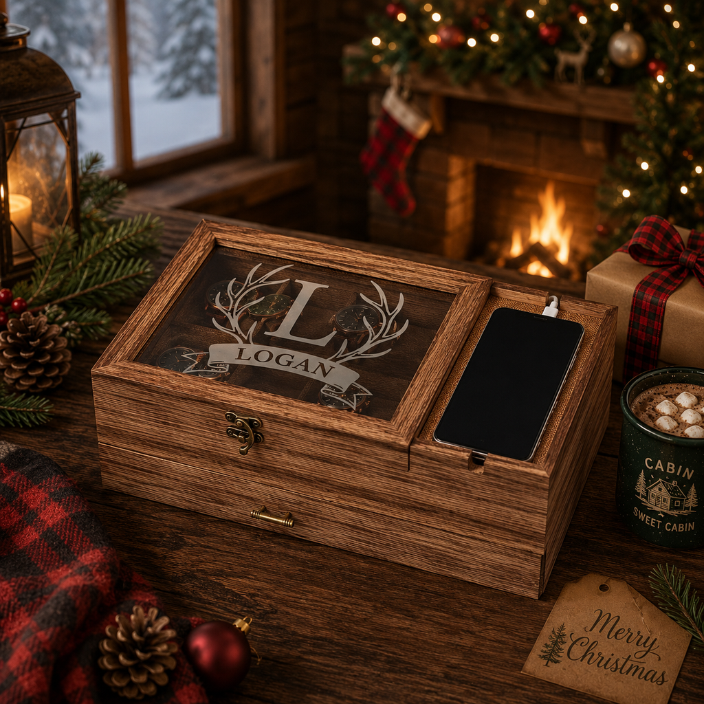 Personalized Watch Box & Valet Organizer with Phone Charging Station, Engraved Jewelry Storage Case, Custom Gift for Men & Women
