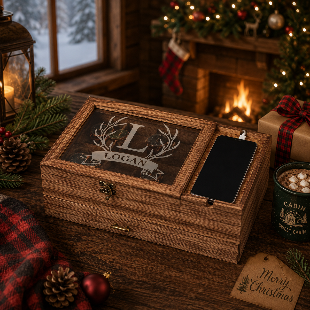 Personalized Watch Box & Valet Organizer with Phone Charging Station, Engraved Jewelry Storage Case, Custom Gift for Men & Women