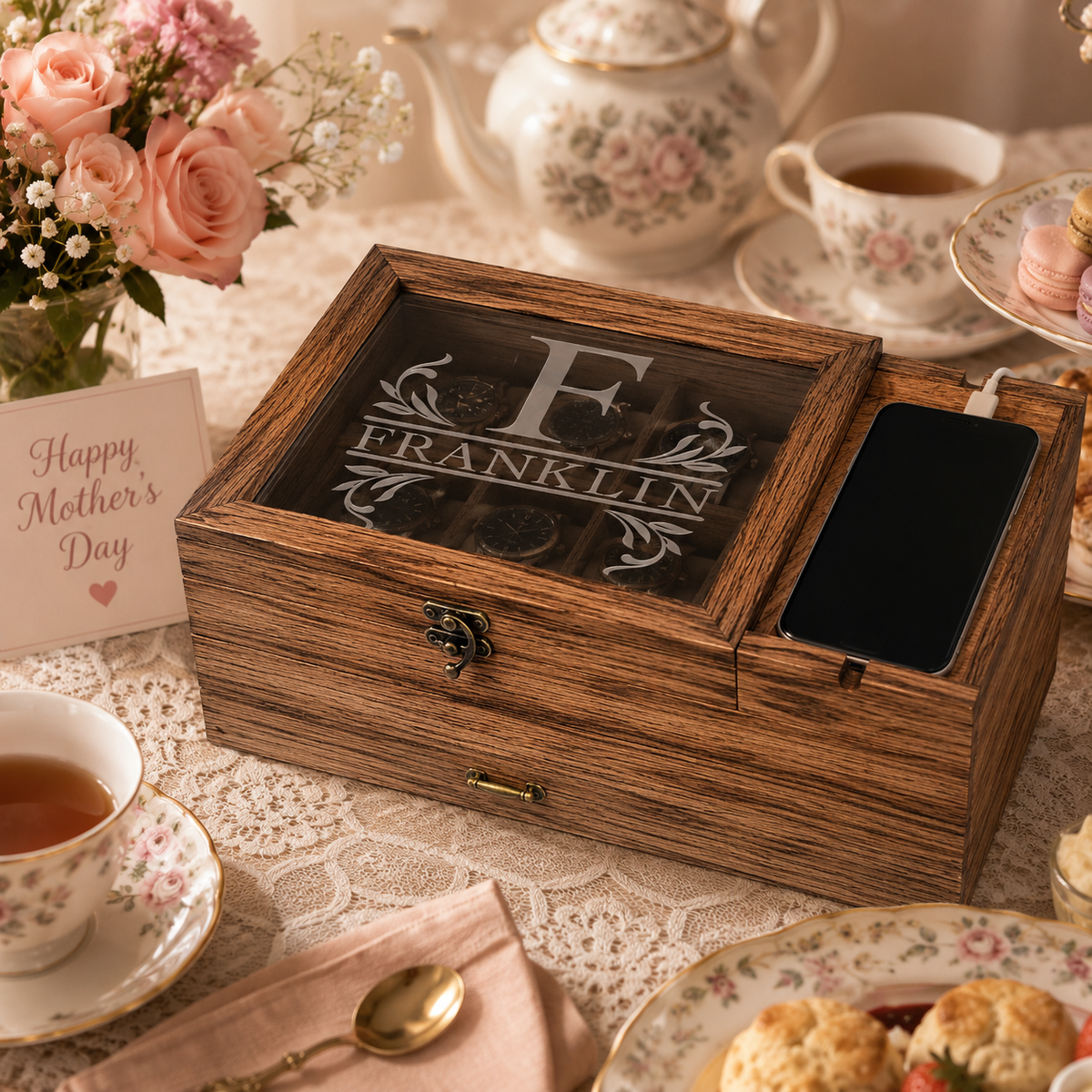 Personalized Watch Box & Valet Organizer with Phone Charging Station, Engraved Jewelry Storage Case, Custom Gift for Men & Women