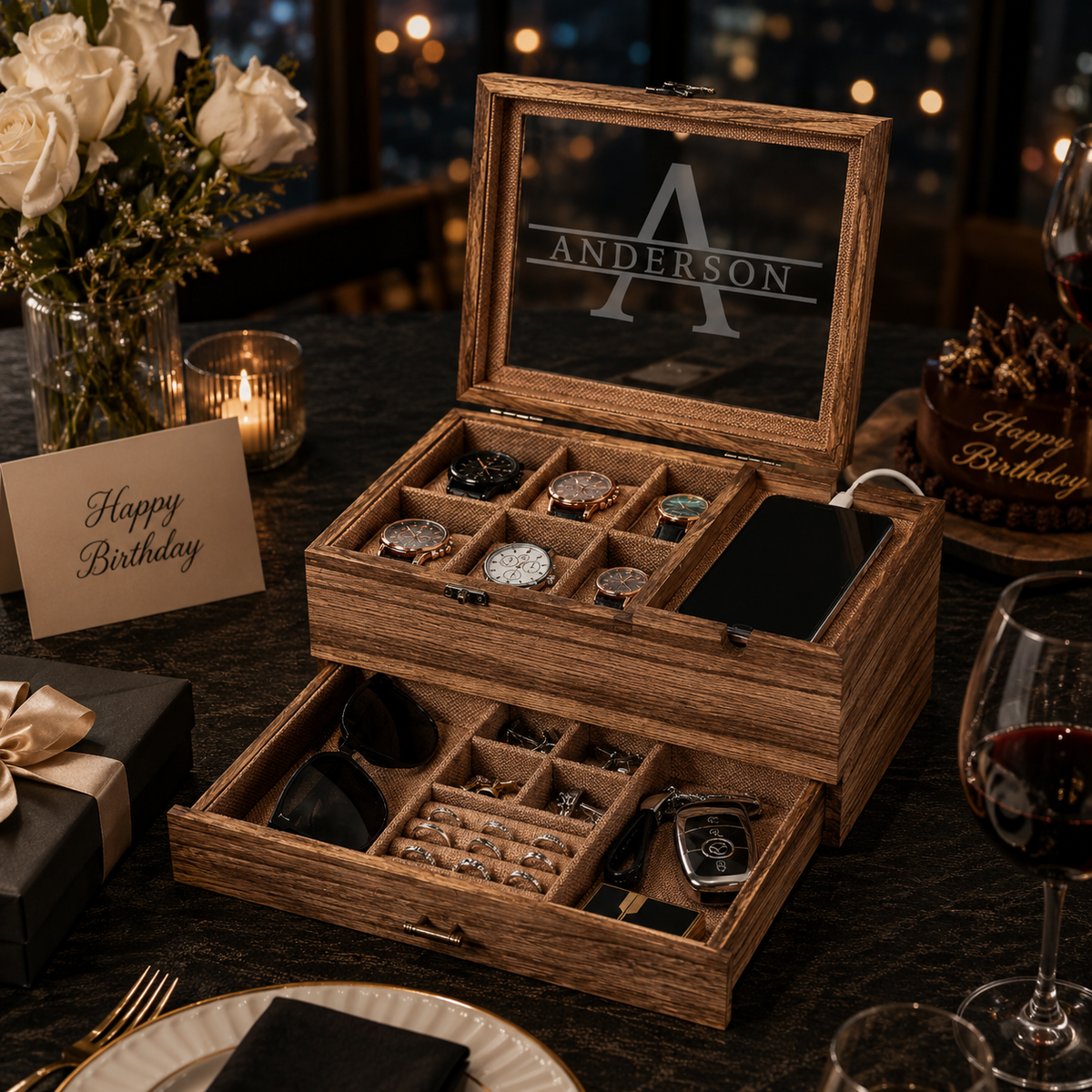 Personalized Watch Box & Valet Organizer with Phone Charging Station, Engraved Jewelry Storage Case, Custom Gift for Men & Women