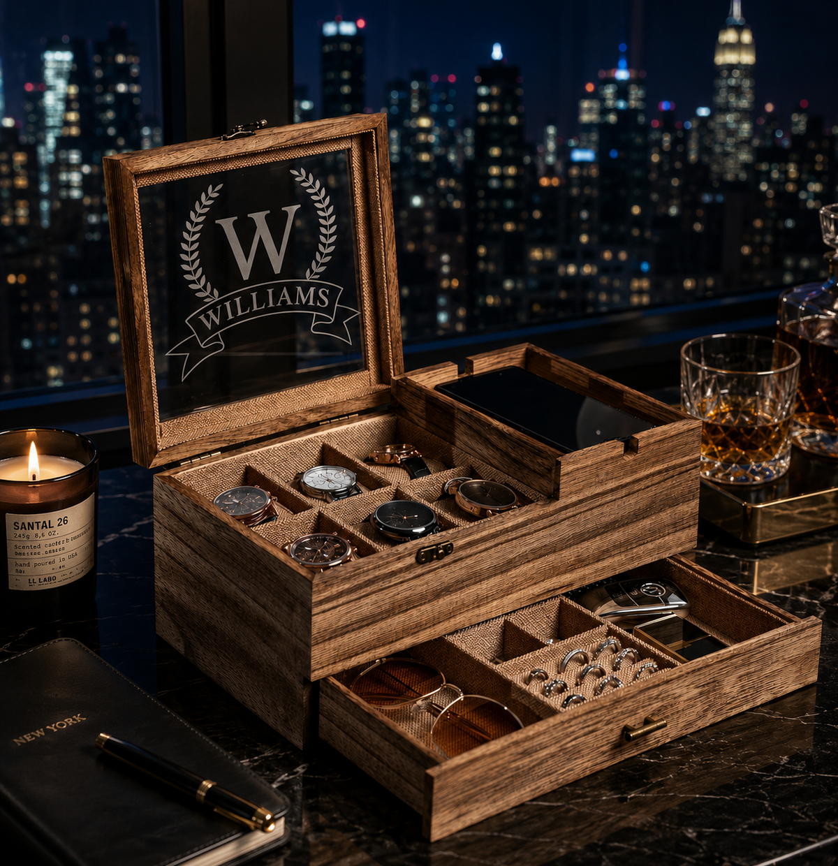 Personalized Watch Box & Valet Organizer with Phone Charging Station, Engraved Jewelry Storage Case, Custom Gift for Men & Women