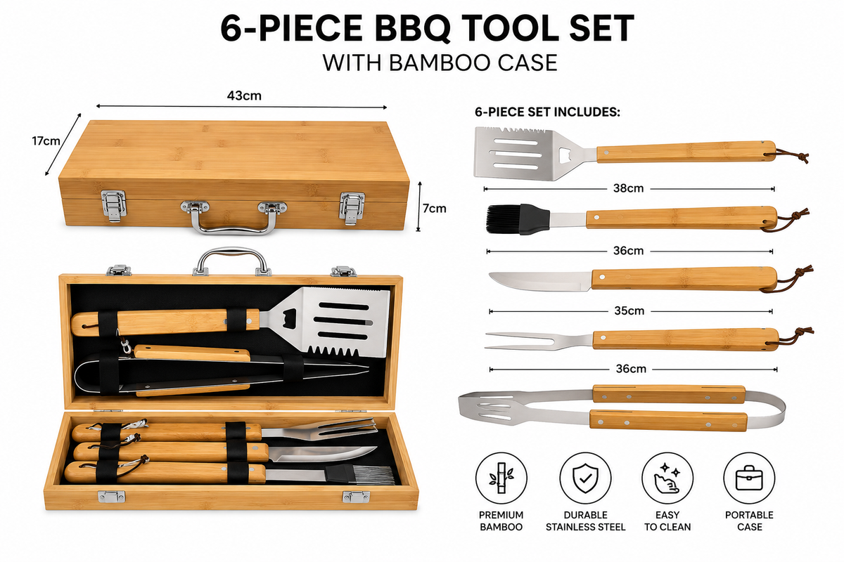 Personalized BBQ Grill Tool Set with Engraved Bamboo Case, 6 Piece Grilling Gift for Dad, Husband, Grill Master, Fathers Day Gift