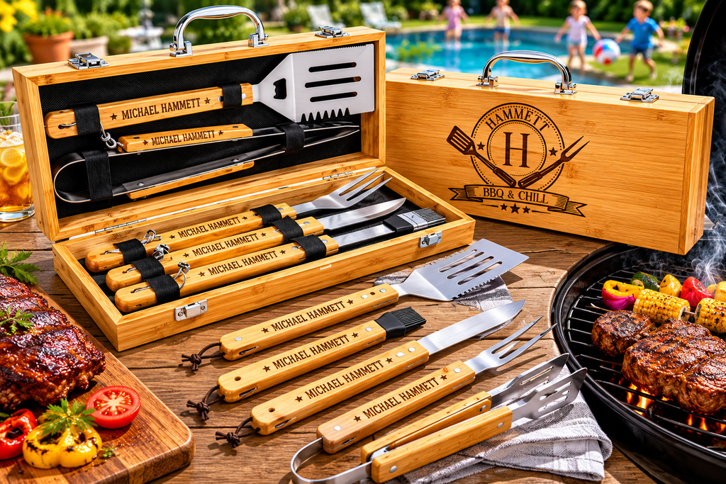 Personalized BBQ Grill Tool Set with Engraved Bamboo Case, 6 Piece Grilling Gift for Dad, Husband, Grill Master, Fathers Day Gift