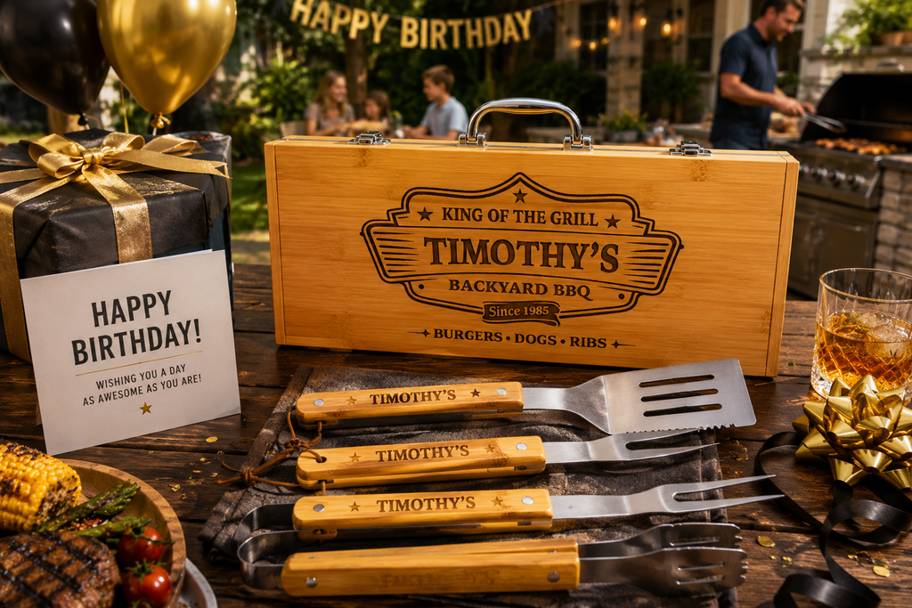 Personalized BBQ Grill Tool Set with Engraved Bamboo Case, 6 Piece Grilling Gift for Dad, Husband, Grill Master, Fathers Day Gift