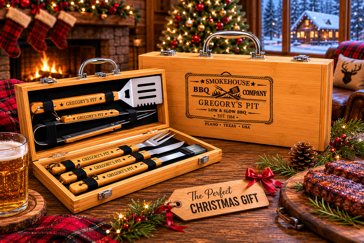 Personalized BBQ Grill Tool Set with Engraved Bamboo Case, 6 Piece Grilling Gift for Dad, Husband, Grill Master, Fathers Day Gift