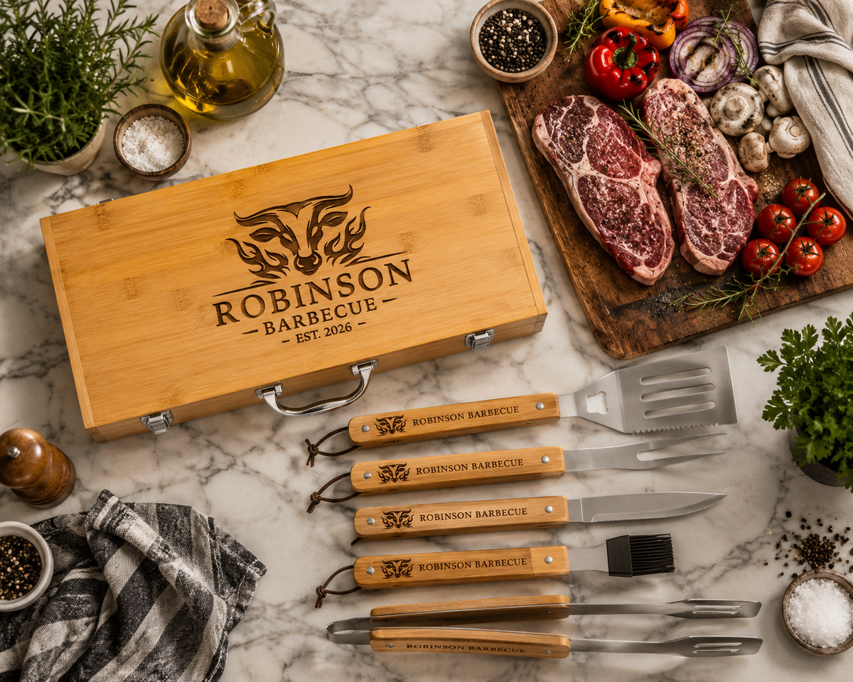 Personalized BBQ Grill Tool Set with Engraved Bamboo Case, 6 Piece Grilling Gift for Dad, Husband, Grill Master, Fathers Day Gift