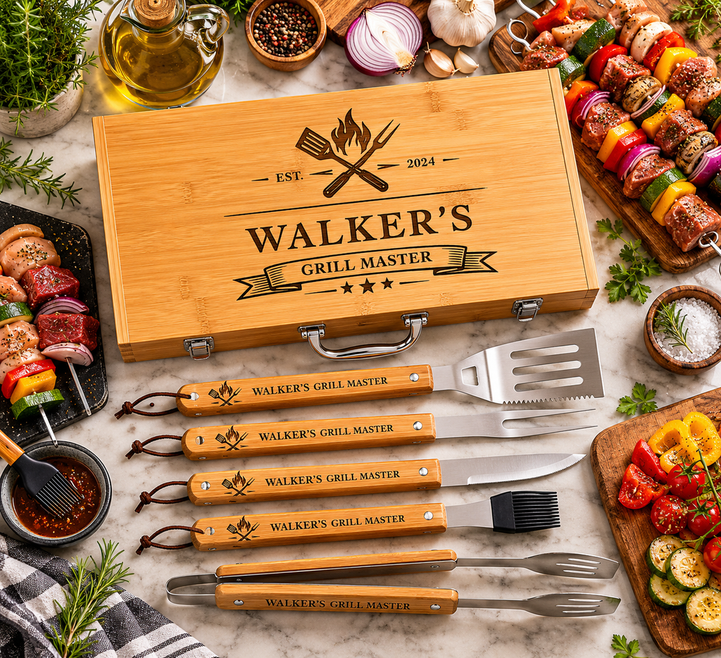 Personalized BBQ Grill Tool Set with Engraved Bamboo Case, 6 Piece Grilling Gift for Dad, Husband, Grill Master, Fathers Day Gift