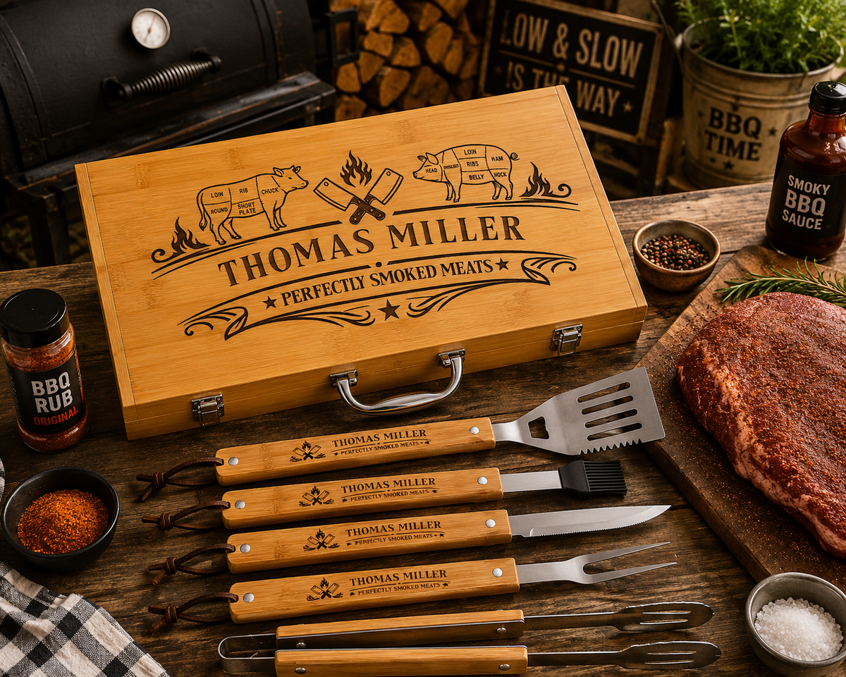 Personalized BBQ Grill Tool Set with Engraved Bamboo Case, 6 Piece Grilling Gift for Dad, Husband, Grill Master, Fathers Day Gift
