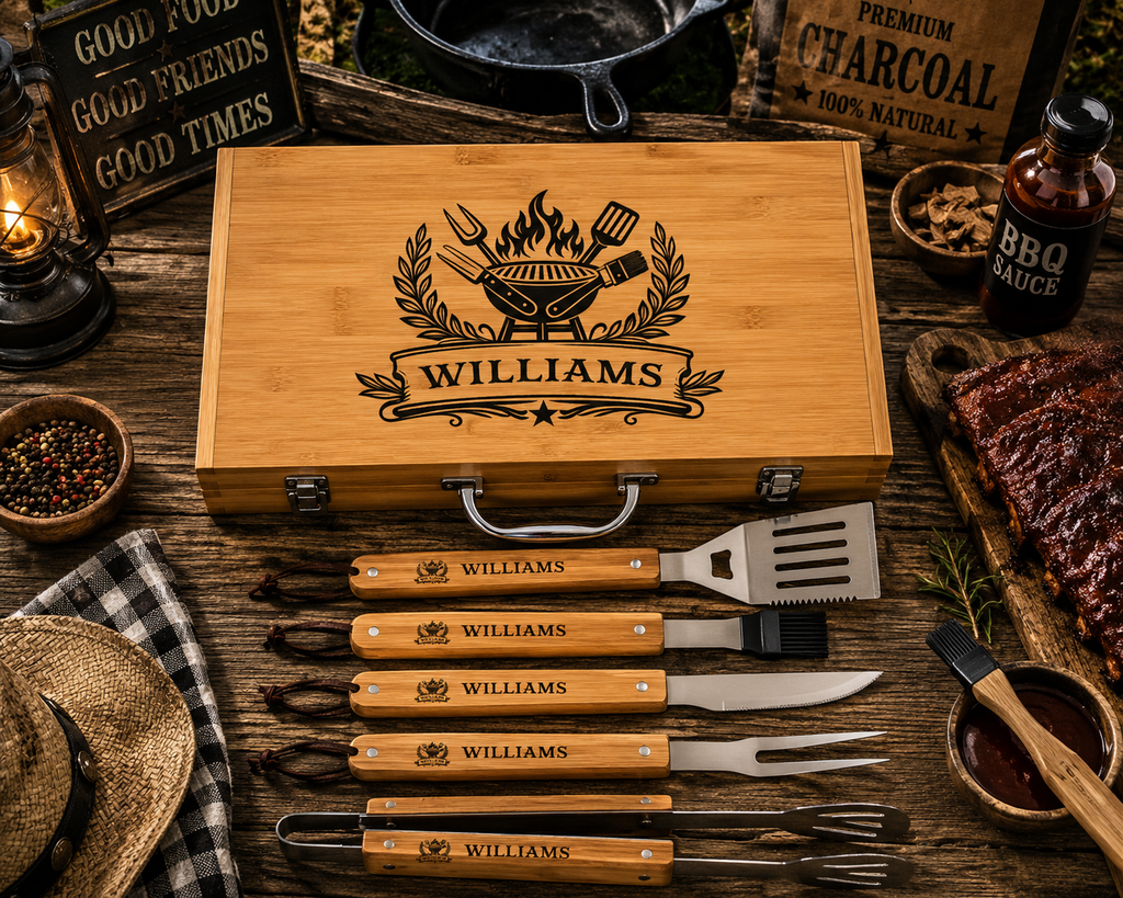 Personalized BBQ Grill Tool Set with Engraved Bamboo Case, 6 Piece Grilling Gift for Dad, Husband, Grill Master, Fathers Day Gift