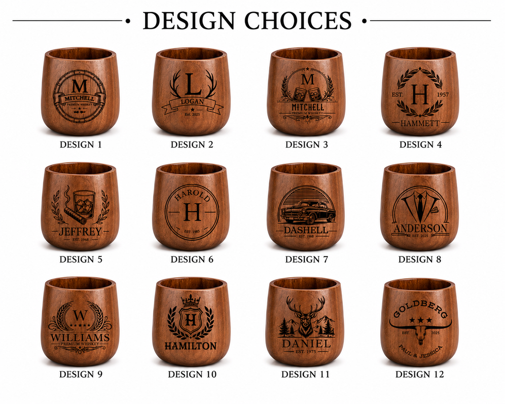Personalized Wooden Whiskey Glass Set with Engraved Gift Box & Whiskey Stones, Custom Bourbon Cup Gift for Men, Dad, Husband