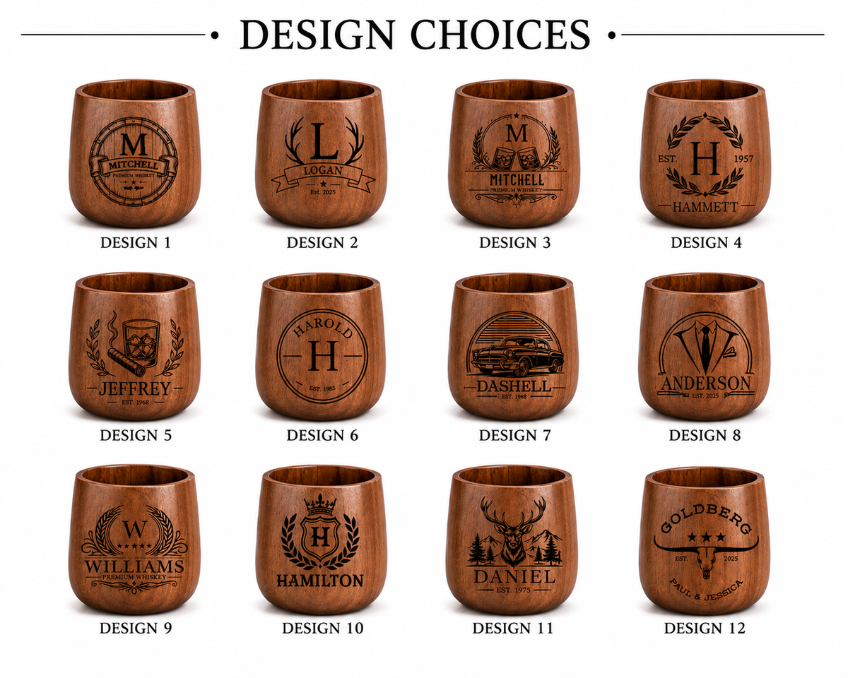 Personalized Wooden Whiskey Glass Set with Engraved Gift Box & Whiskey Stones, Custom Bourbon Cup Gift for Men, Dad, Husband