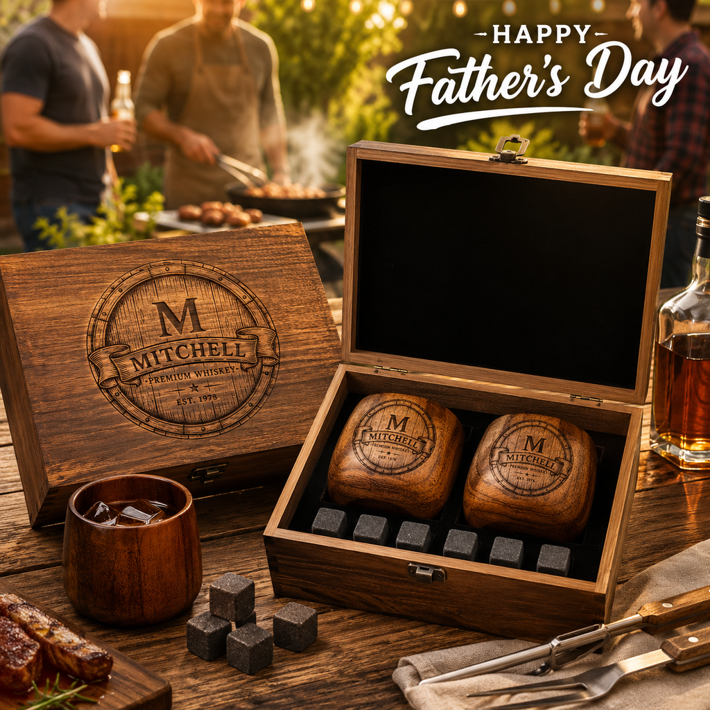 Personalized Wooden Whiskey Glass Set with Engraved Gift Box & Whiskey Stones, Custom Bourbon Cup Gift for Men, Dad, Husband