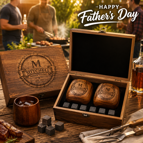 Personalized Wooden Whiskey Glass Set with Engraved Gift Box & Whiskey Stones, Custom Bourbon Cup Gift for Men, Dad, Husband