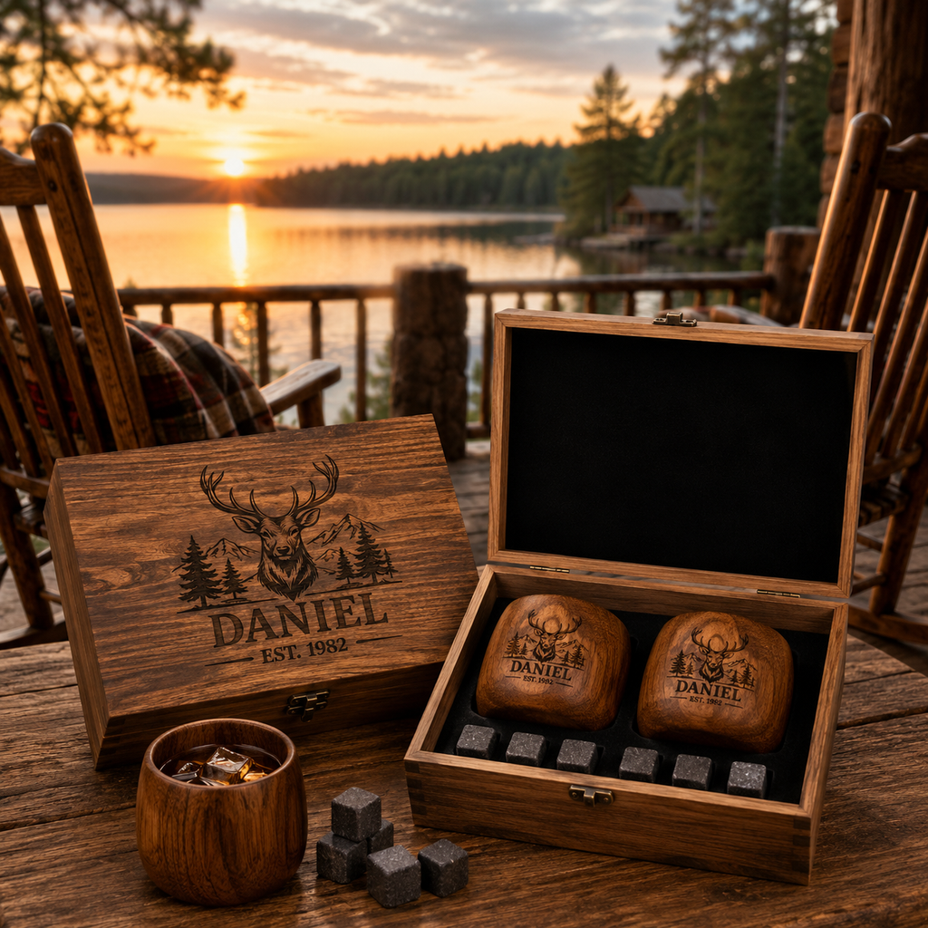 Personalized Wooden Whiskey Glass Set with Engraved Gift Box & Whiskey Stones, Custom Bourbon Cup Gift for Men, Dad, Husband