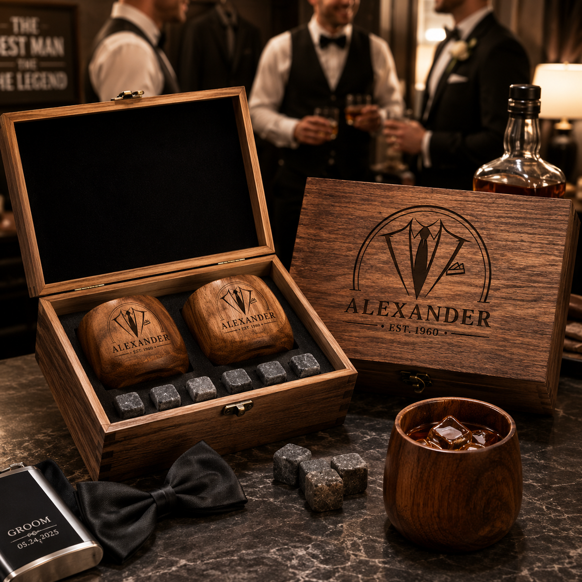 Personalized Wooden Whiskey Glass Set with Engraved Gift Box & Whiskey Stones, Custom Bourbon Cup Gift for Men, Dad, Husband