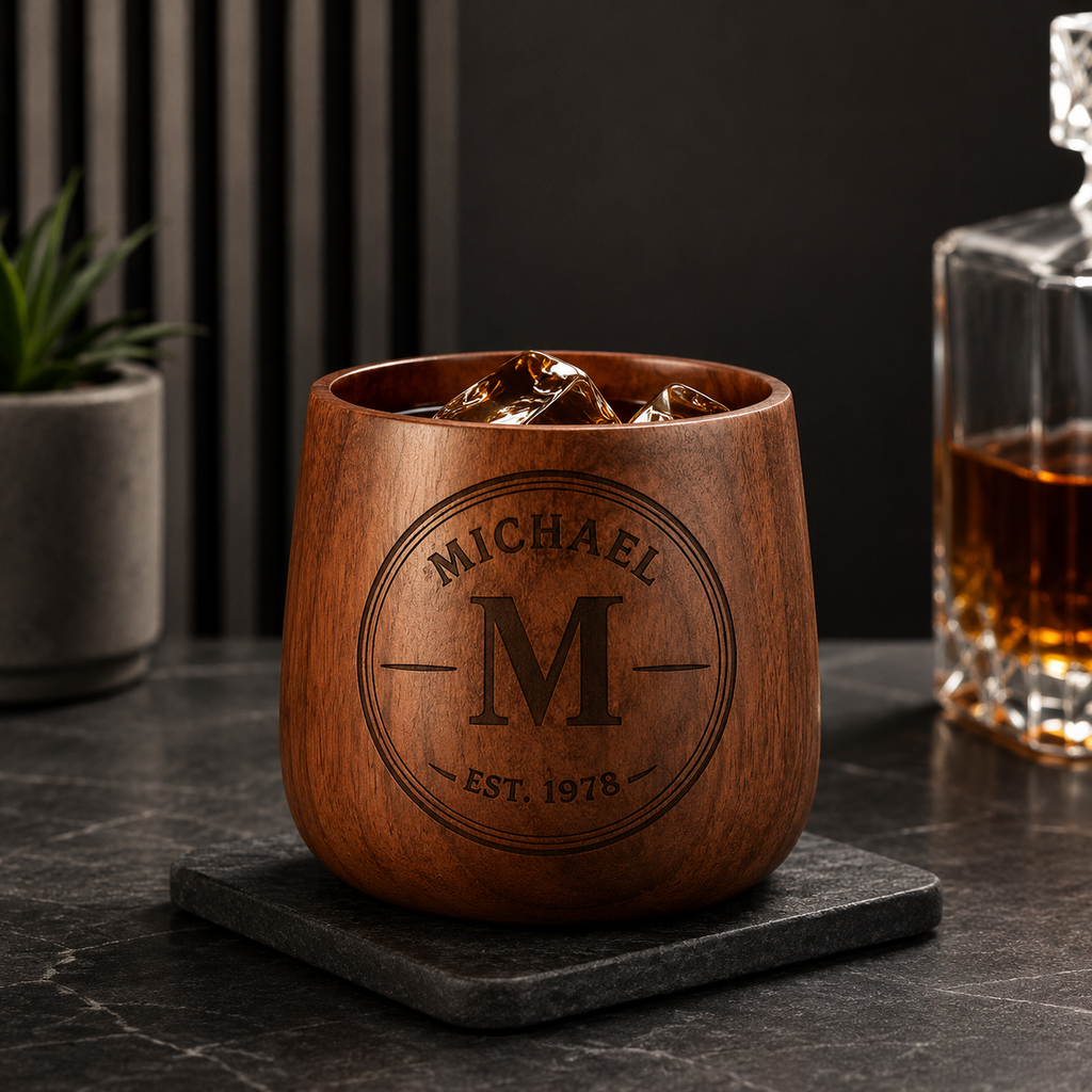 Personalized Wooden Whiskey Glass Set with Engraved Gift Box & Whiskey Stones, Custom Bourbon Cup Gift for Men, Dad, Husband